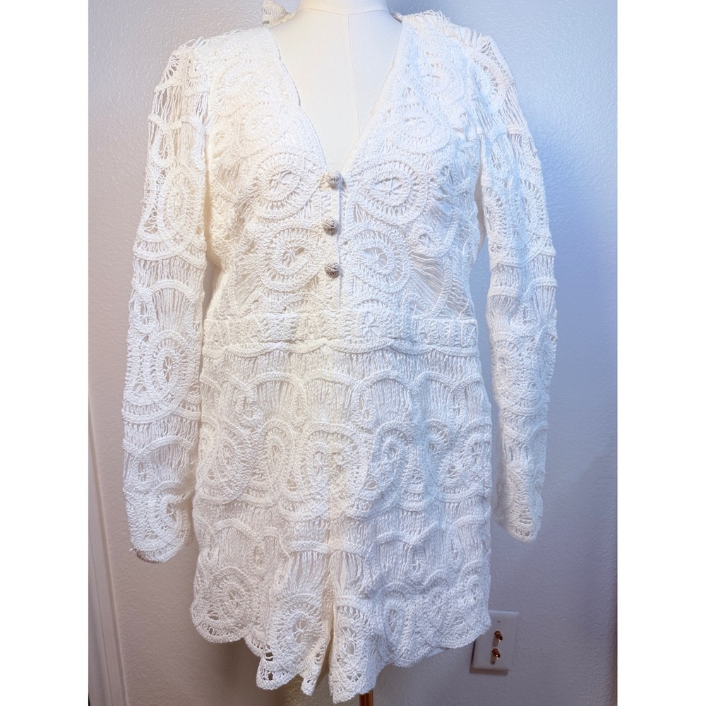 Alexis White Crochet Lace Long Sleeve Romper V-Neck Medallion Size L